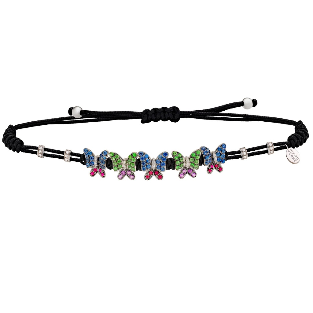 White Gold Small Five Butterfly Cord Bracelet Diamond Amethyst Tsavorite Blue Sapphire