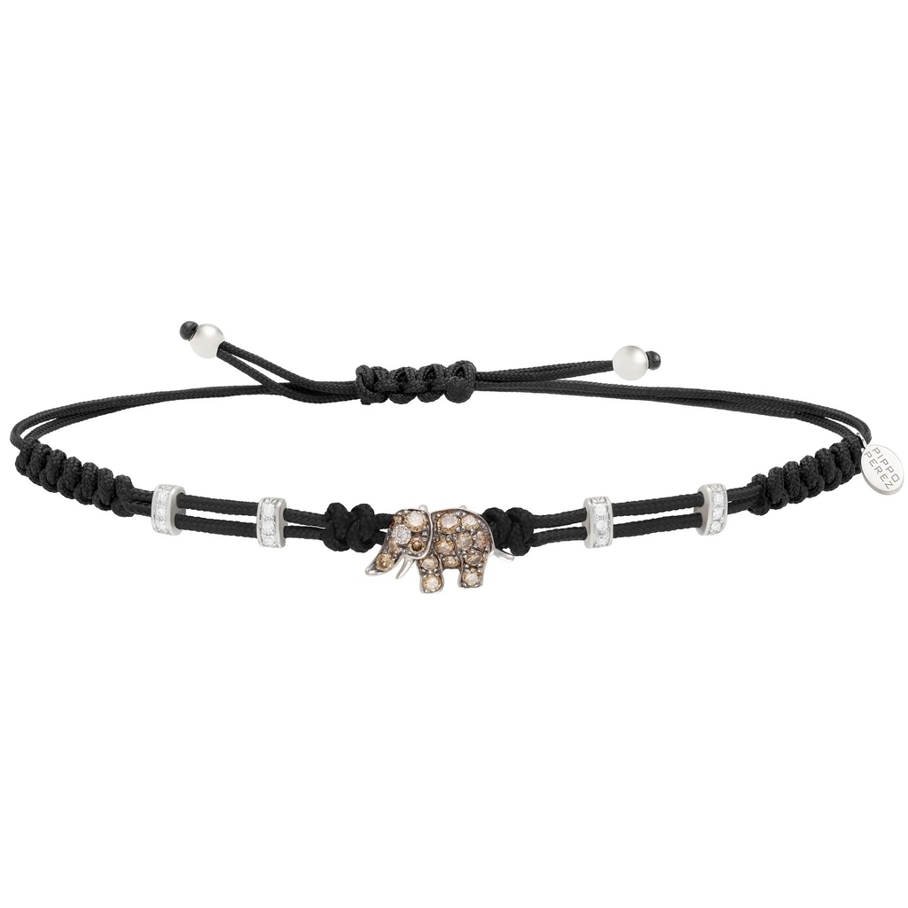 White Gold Medium Elephant Cord Bracelet White and Brown Diamond