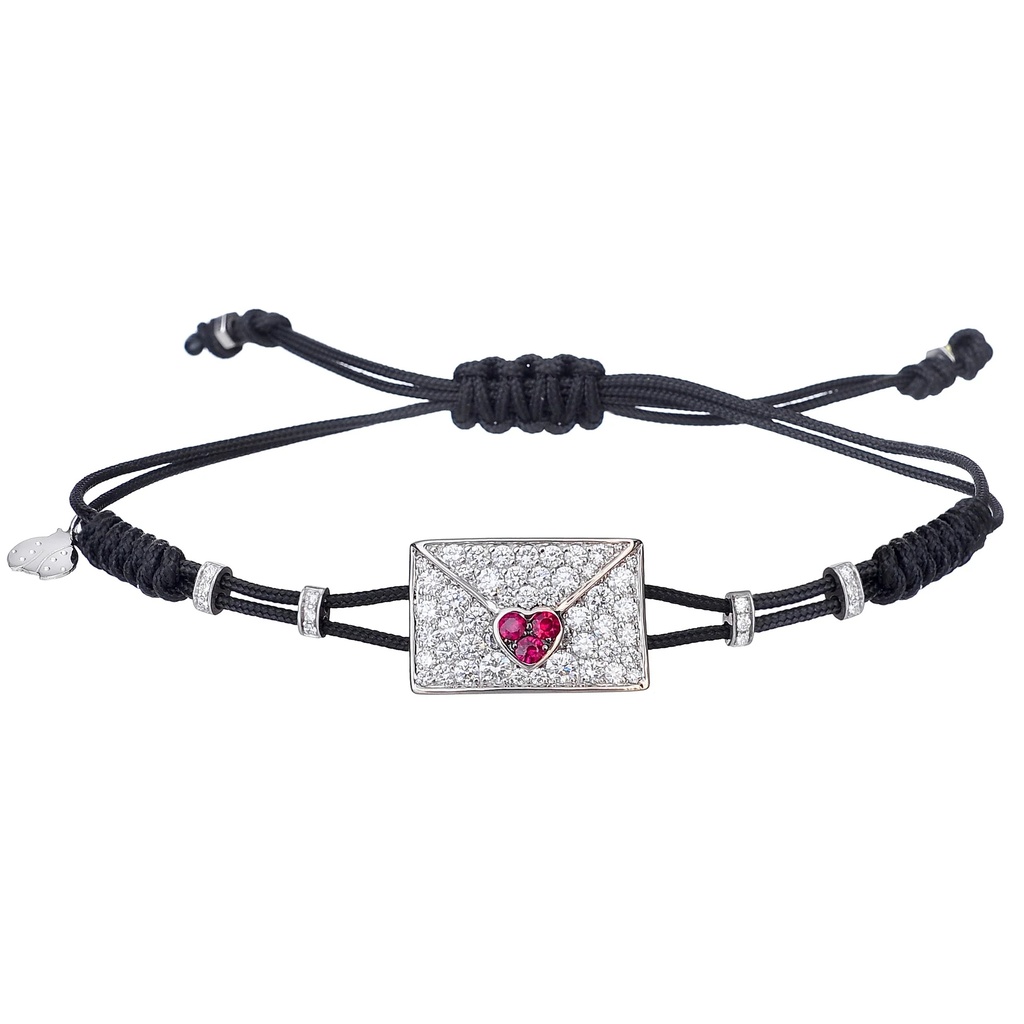 White Gold Envelope Heart Cord Bracelet Diamond Ruby