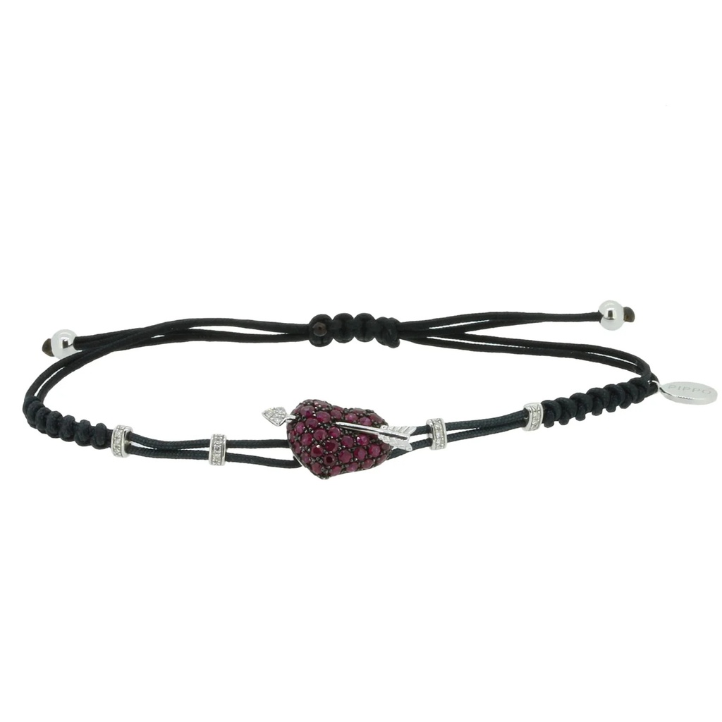 White Gold Arrow Heart Cord Bracelet White and Black Diamond