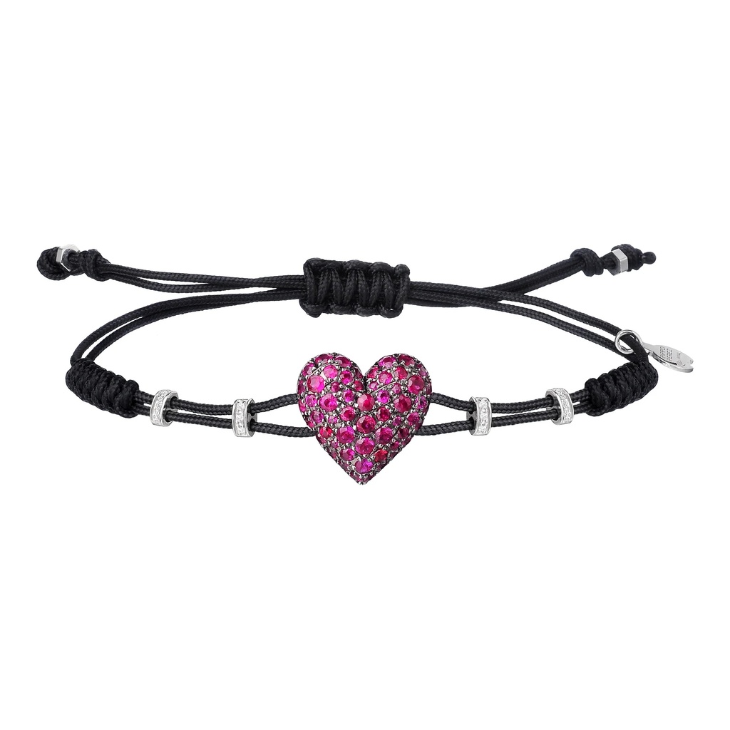 White Gold Heart Cord Bracelet Diamond Ruby