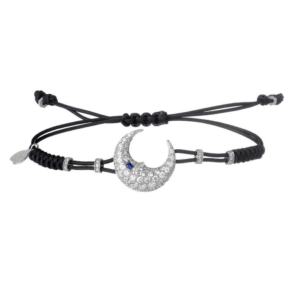 White Gold Large Moon Cord Bracelet Diamond Blue Sapphire