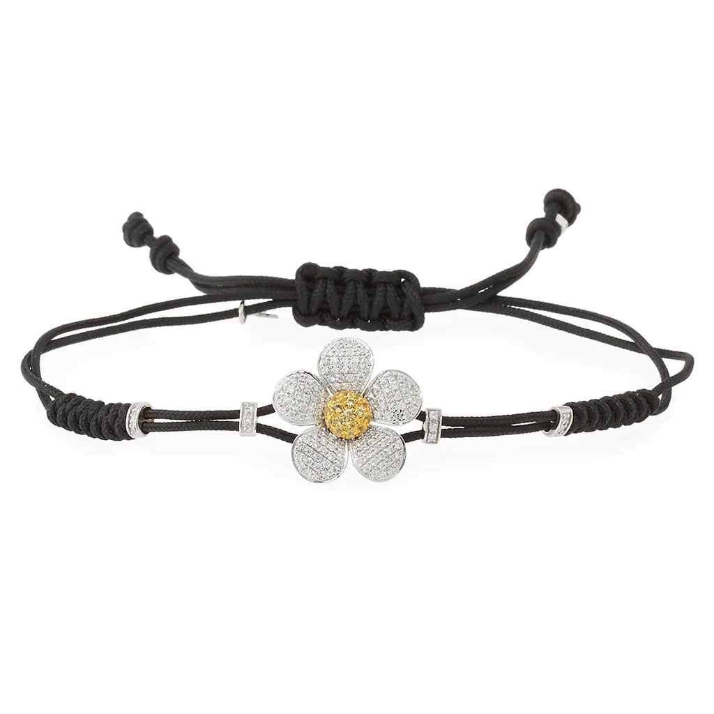 White Gold Daisy Flower Cord Bracelet Diamond Yellow Sapphire