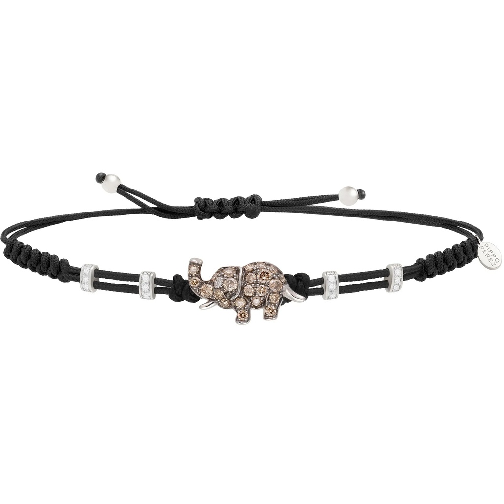White Gold Extra Large Elephant Cord Bracelet White and Brown Diamond