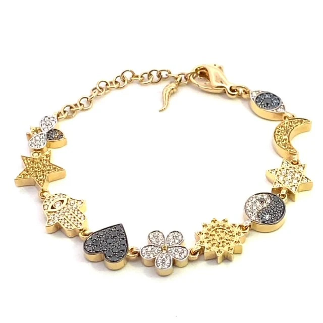 Yellow Gold Bee Daisy Evil Eye Hamsa Moon Star Sun Cord Bracelet White and Black Diamond