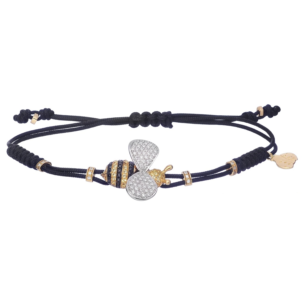 Yellow Gold Large Bee Cord Bracelet White and Black Diamond
