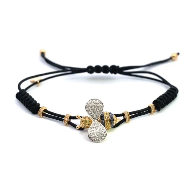 Yellow Gold Medium Bee Cord Bracelet White and Black Diamond
