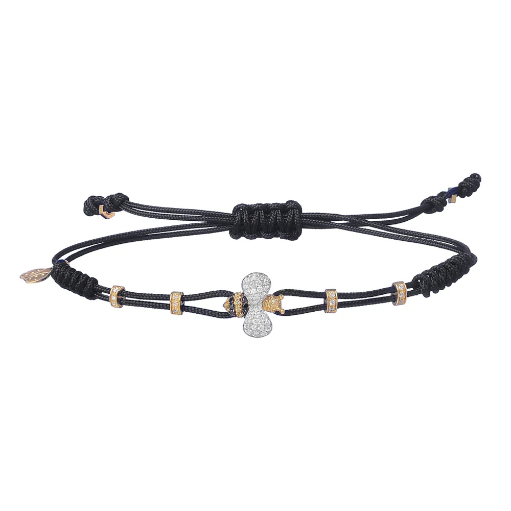 Yellow Gold Small Bee Cord Bracelet Diamond Yellow Sapphire
