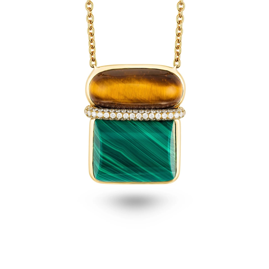 Amrita Large Square Necklace In Tiger'S Eyes And Malachite