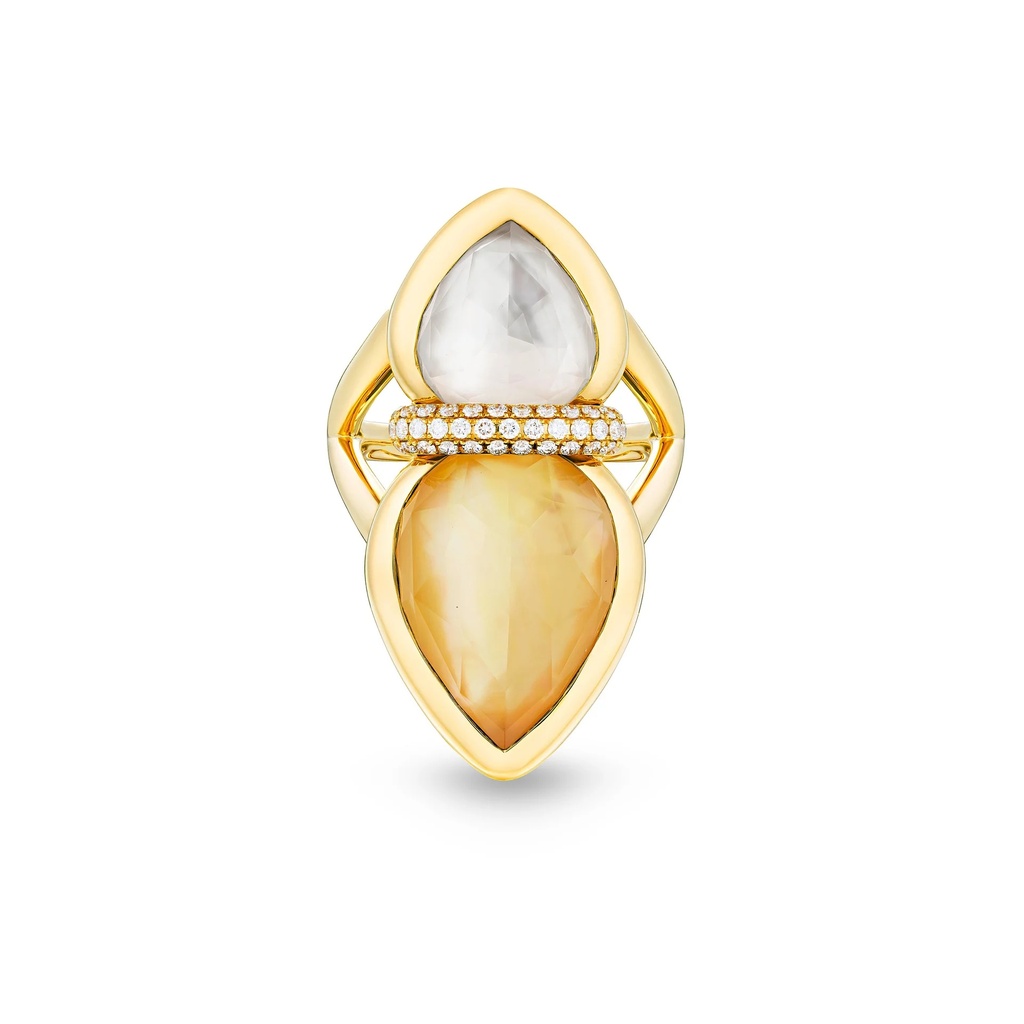 Amrita Lotus Duplet Ring In Mother Of Pearl, Citrine And White Quartz