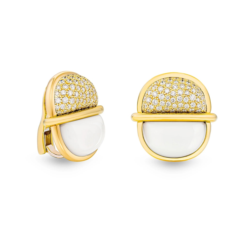 Amrita Round Earrings In White Ceramic And Diamonds