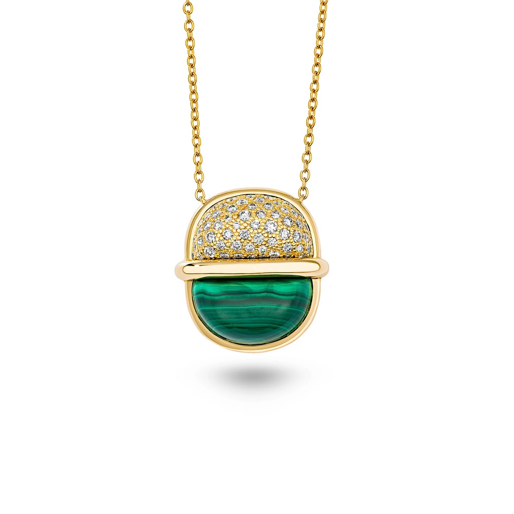 Amrita Small Round Necklace In Malachite With Diamonds
