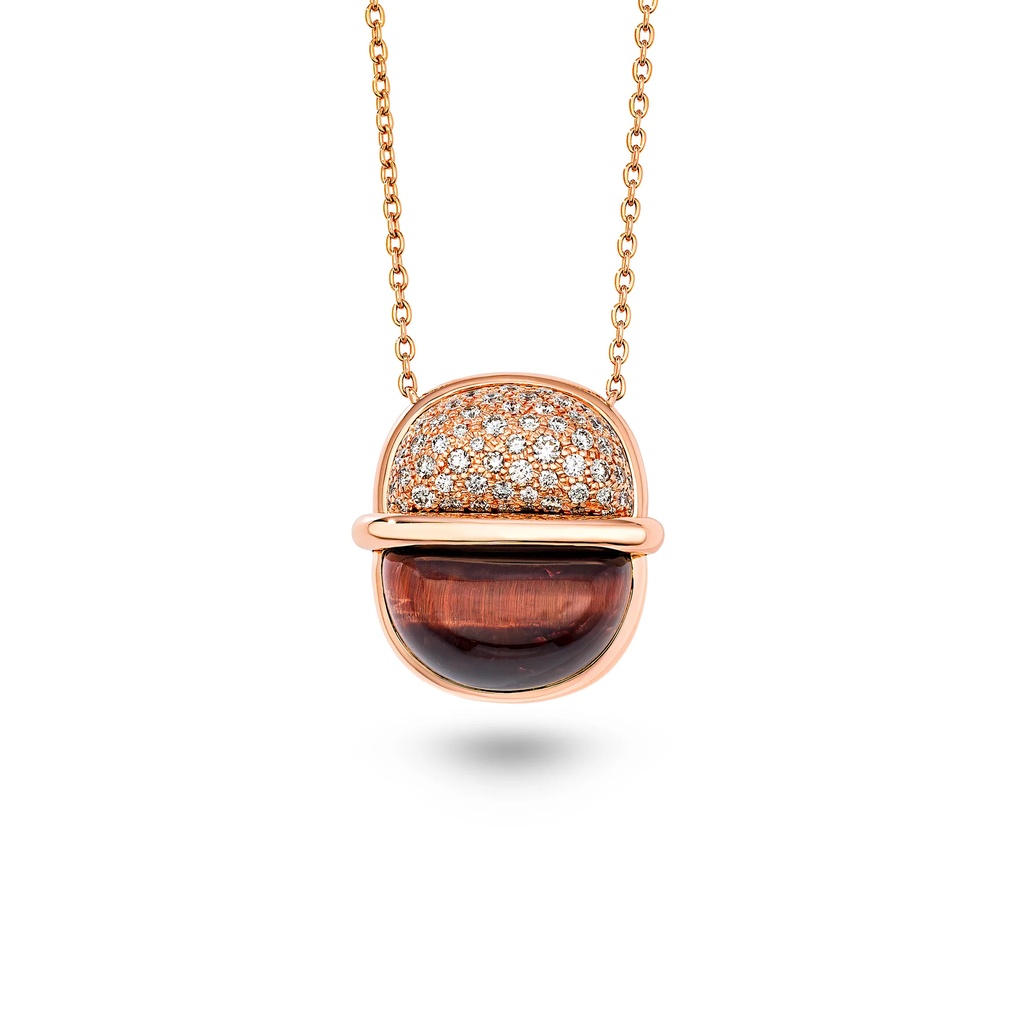 Amrita Small Round Necklace In Red Tiger'S Eye And Diamonds