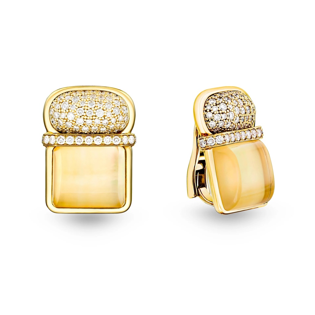 Amrita Square Duplet Earrings In Yellow Mother Of Pearl, Citrine, And Diamonds