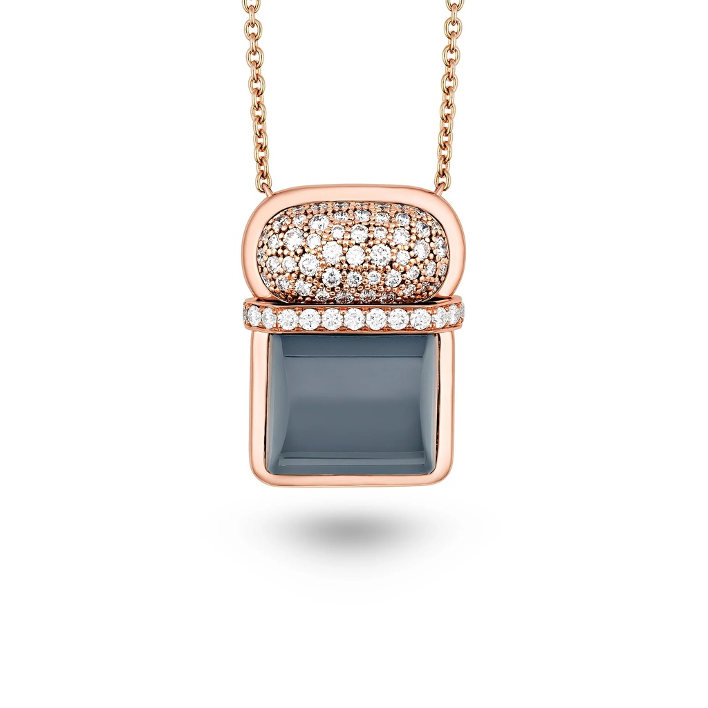 Amrita Square Duplet Necklace In Hematite, Milky Quartz And Diamonds