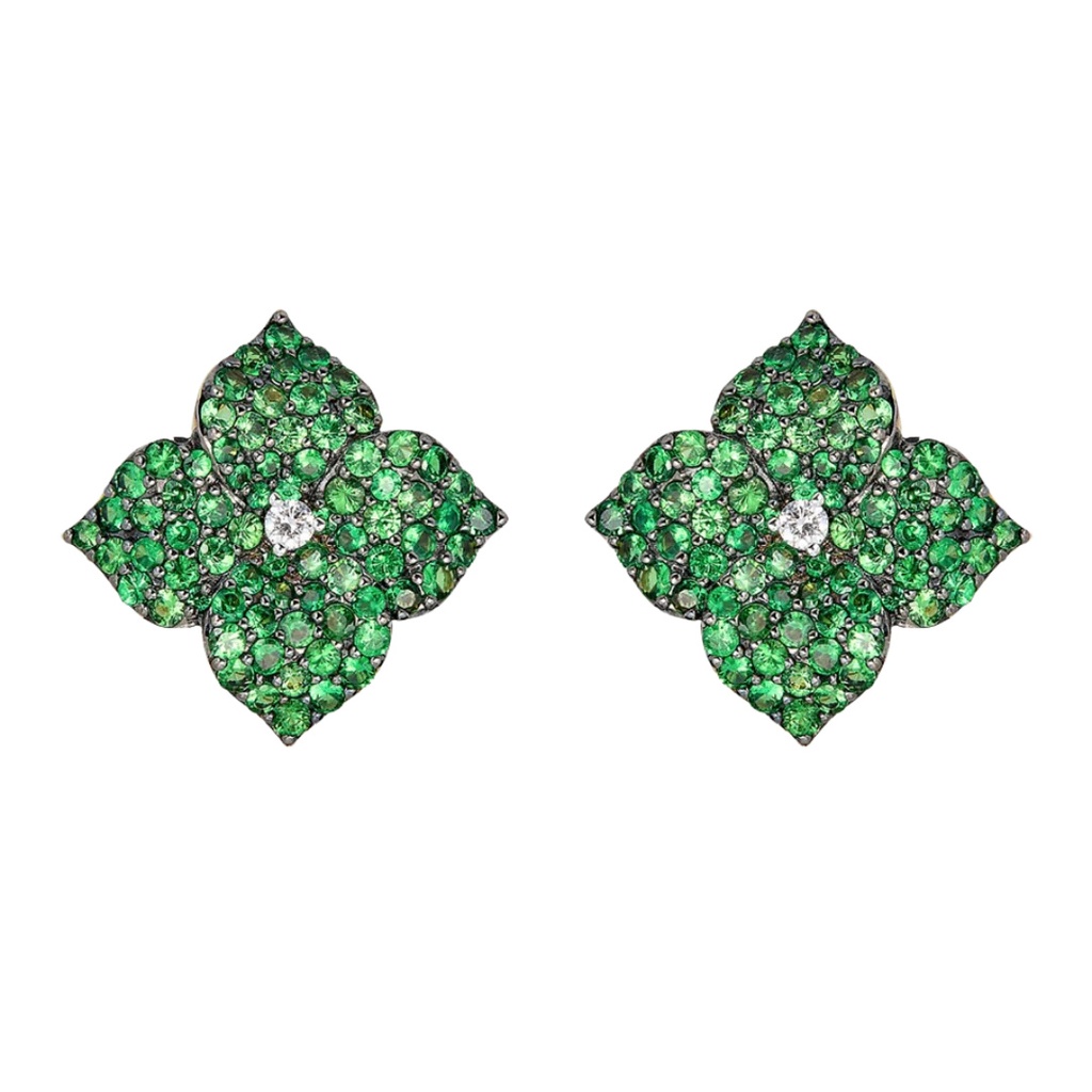 Black Gold Fiore Large Flower Earrings - Tsavorite