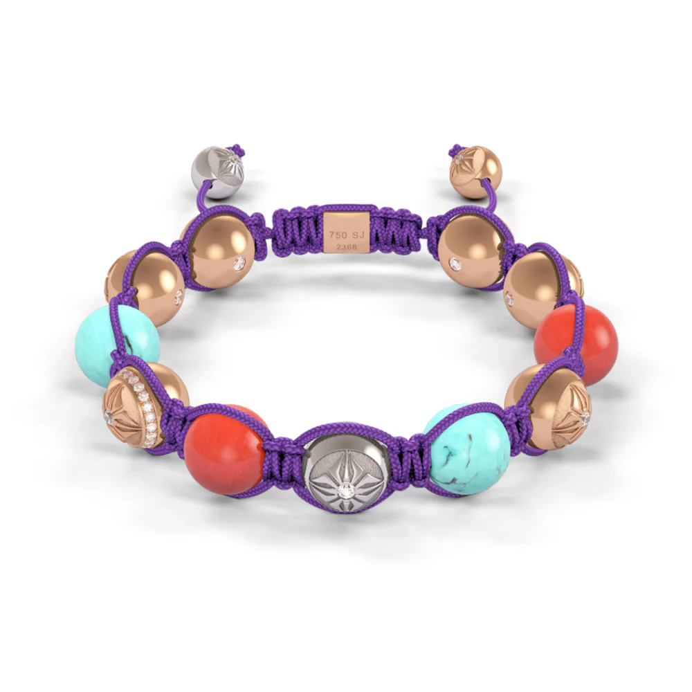 Shamballa Jewels White & Rose Gold Diamond Coral & Turquoise 10mm Braided Bead Bracelet