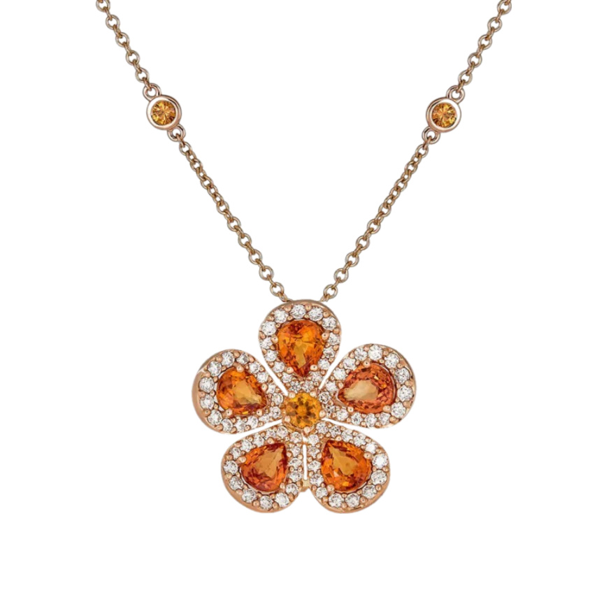 Rose Gold Classic Flower Large Necklace - Orange Sapphire