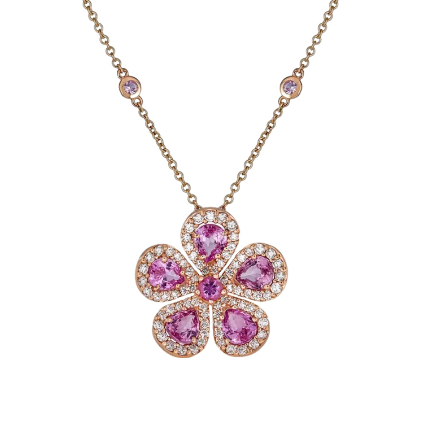 Rose Gold Classic Flower Large Necklace - Pink Sapphire