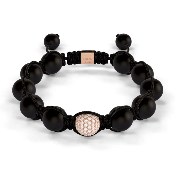 Single Rose Gold Pave & Onyx 10mm Bead Braided Bracelet  