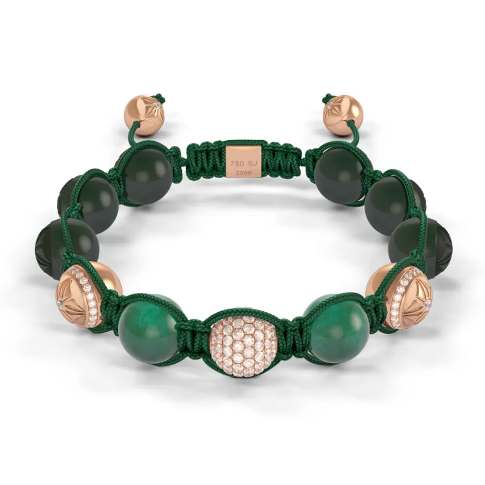 Rose Gold Pave Diamond, Emerald & Ceramic 10mm Bead Braided Bracelet