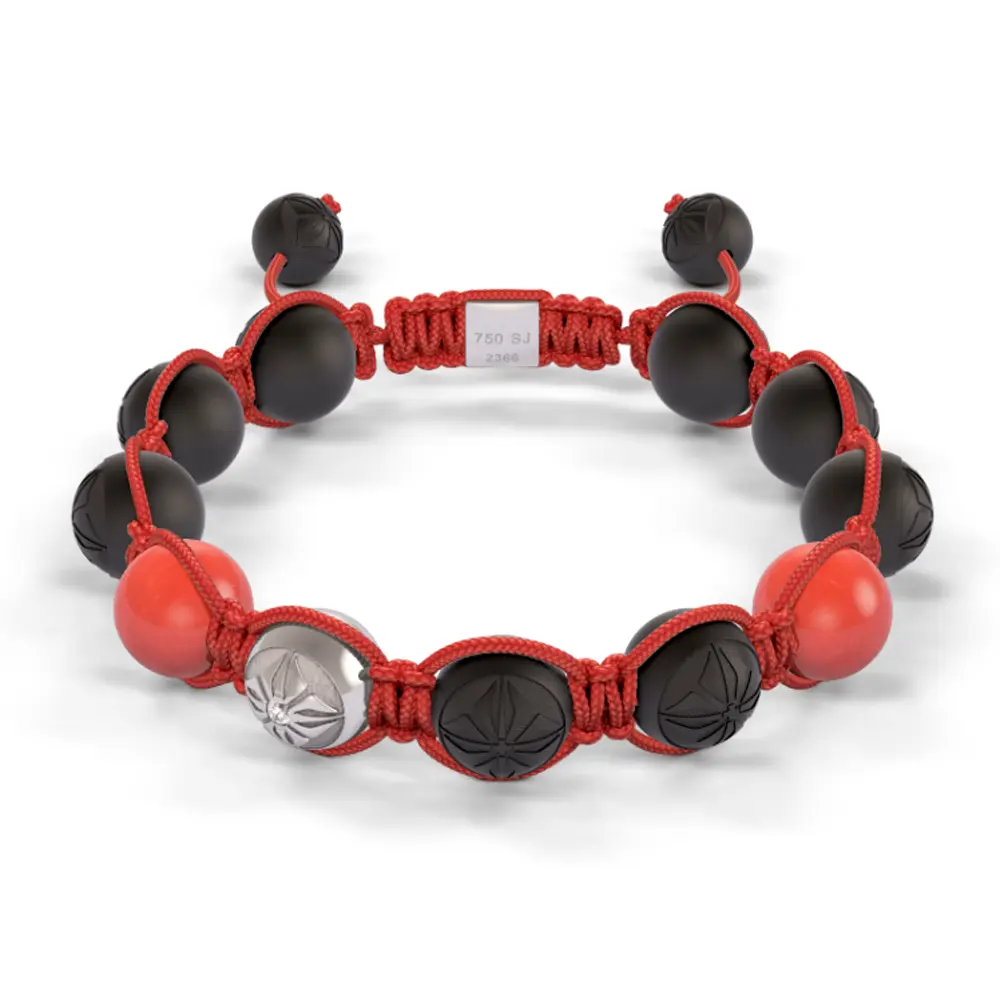 White Gold, Coral & Ceramic 10mm Bead Braided Bracelet