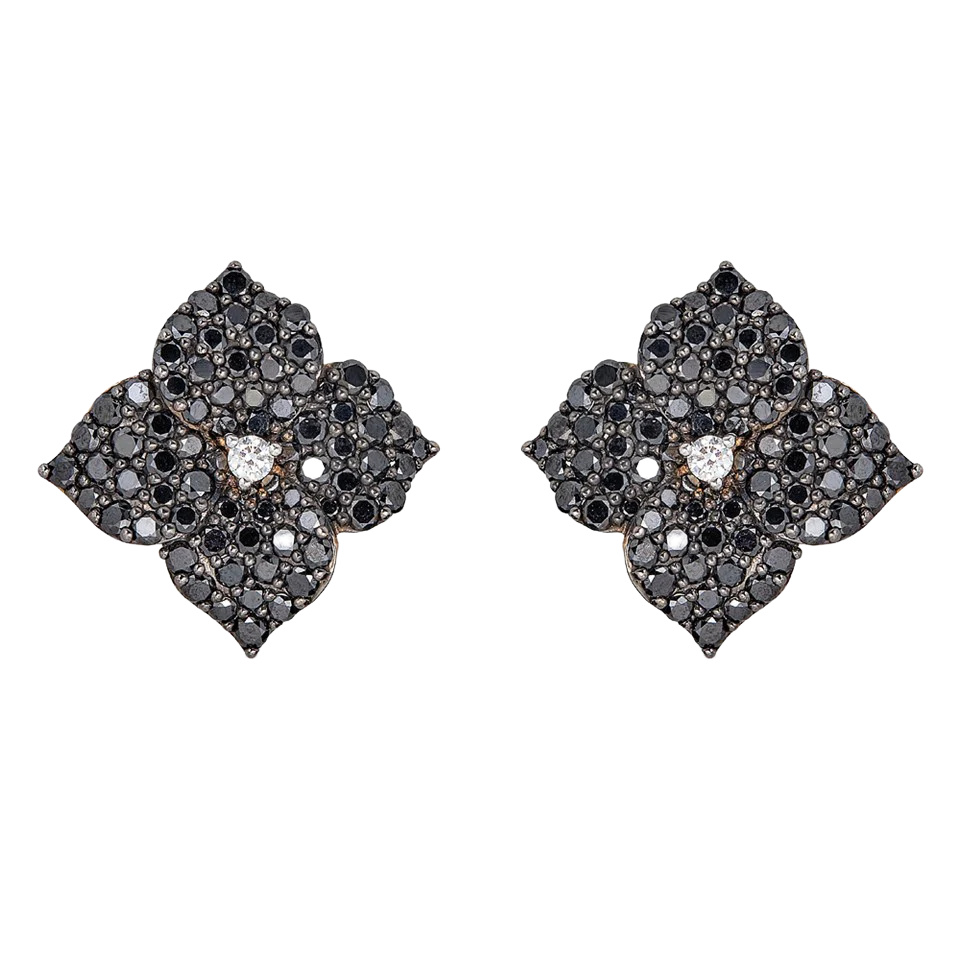 Rose Gold Fiore Large Flower Earrings - Black Diamond