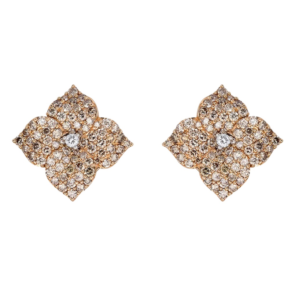 Rose Gold Fiore Large Flower Earrings - Champagne Diamond