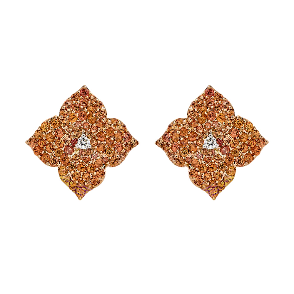 Rose Gold Fiore Large Flower Earrings - Orange Sapphire