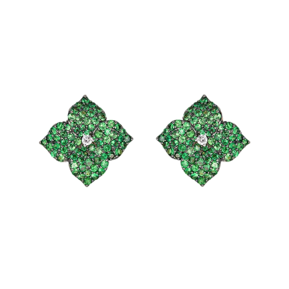 Rose Gold Fiore Small Flower Earrings - Green Tsavorite