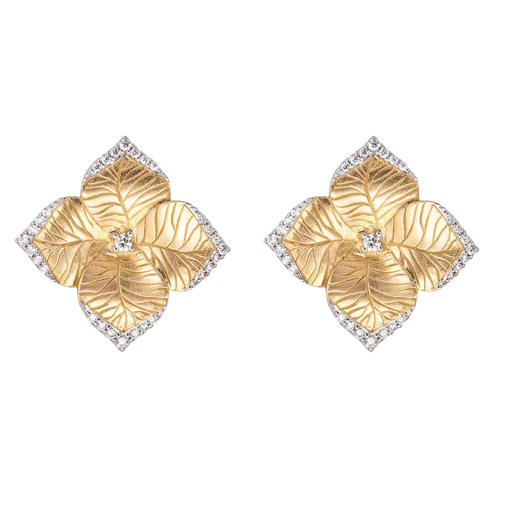 Rose Gold Oro Fiore Large Flower Earrings With Diamonds