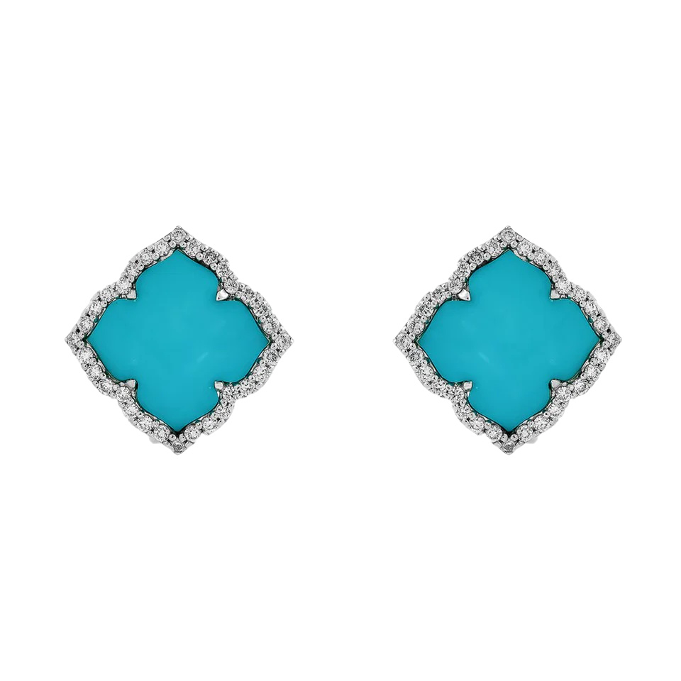 White Gold Capri Small Flower Earrings - Turquoise