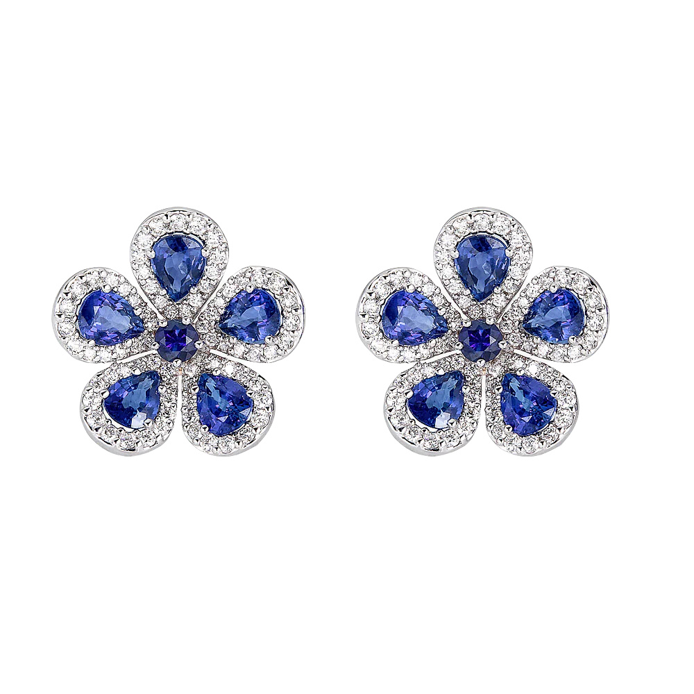 White Gold Classic Flower Earrings - Blue Sapphire