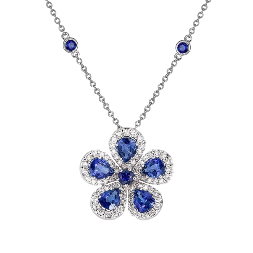 White Gold Classic Flower Large Necklace - Blue Sapphire