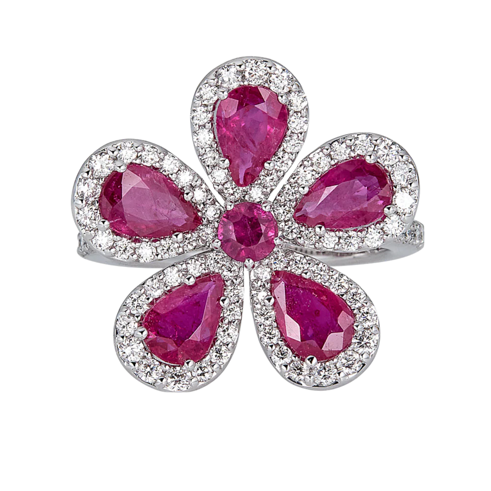 White Gold Classic Flower Ring - Ruby