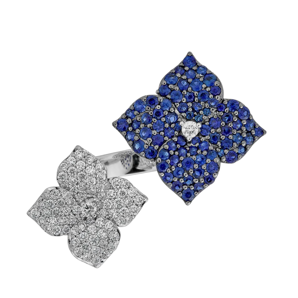 White Gold Fiore Double Flower Ring - Blue Sapphire