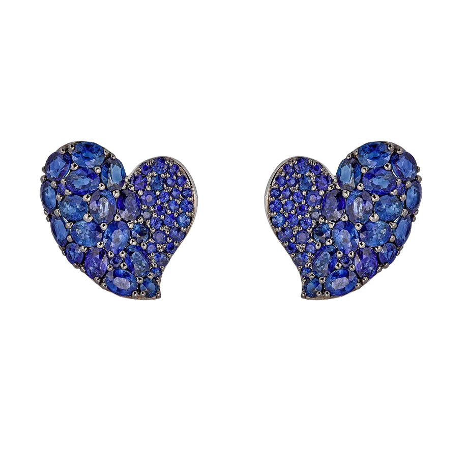 White Gold Wave Heart Medium Earring - Blue Sapphire