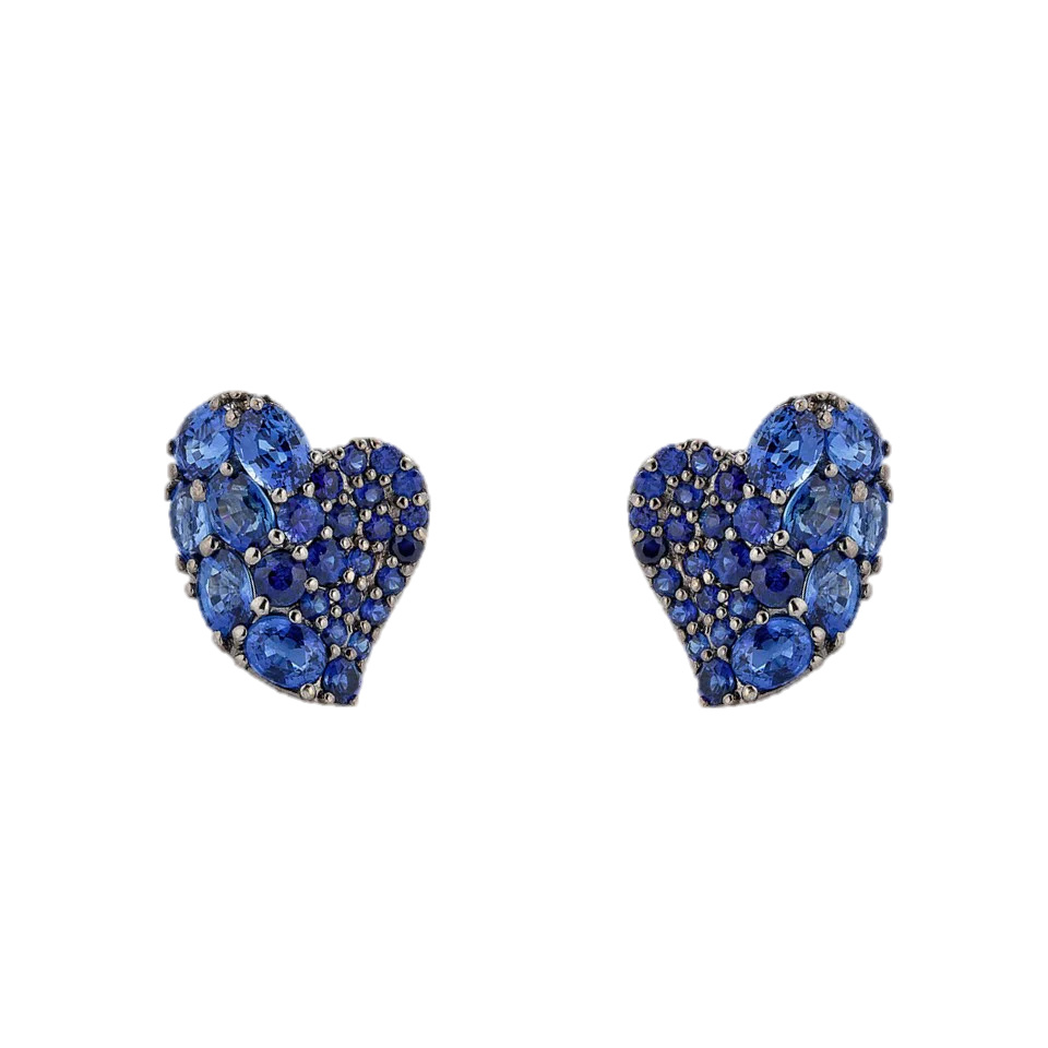 White Gold Wave Heart Small Earring - Blue Sapphire