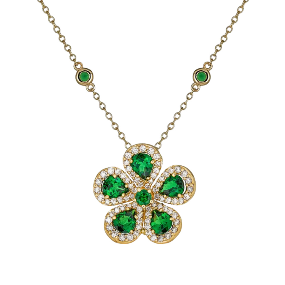 Yellow Gold Classic Flower Large Necklace - Tsavorite