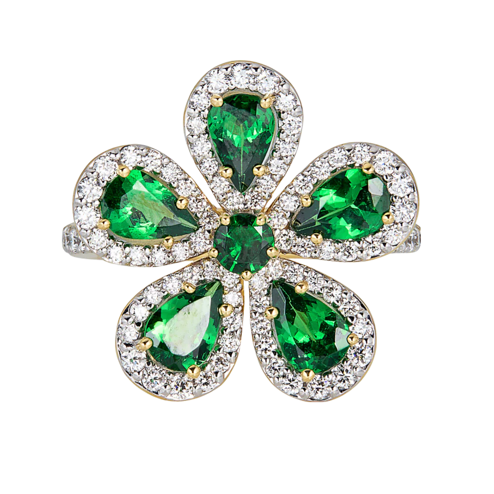 Yellow Gold Classic Flower Ring - Tsavorite