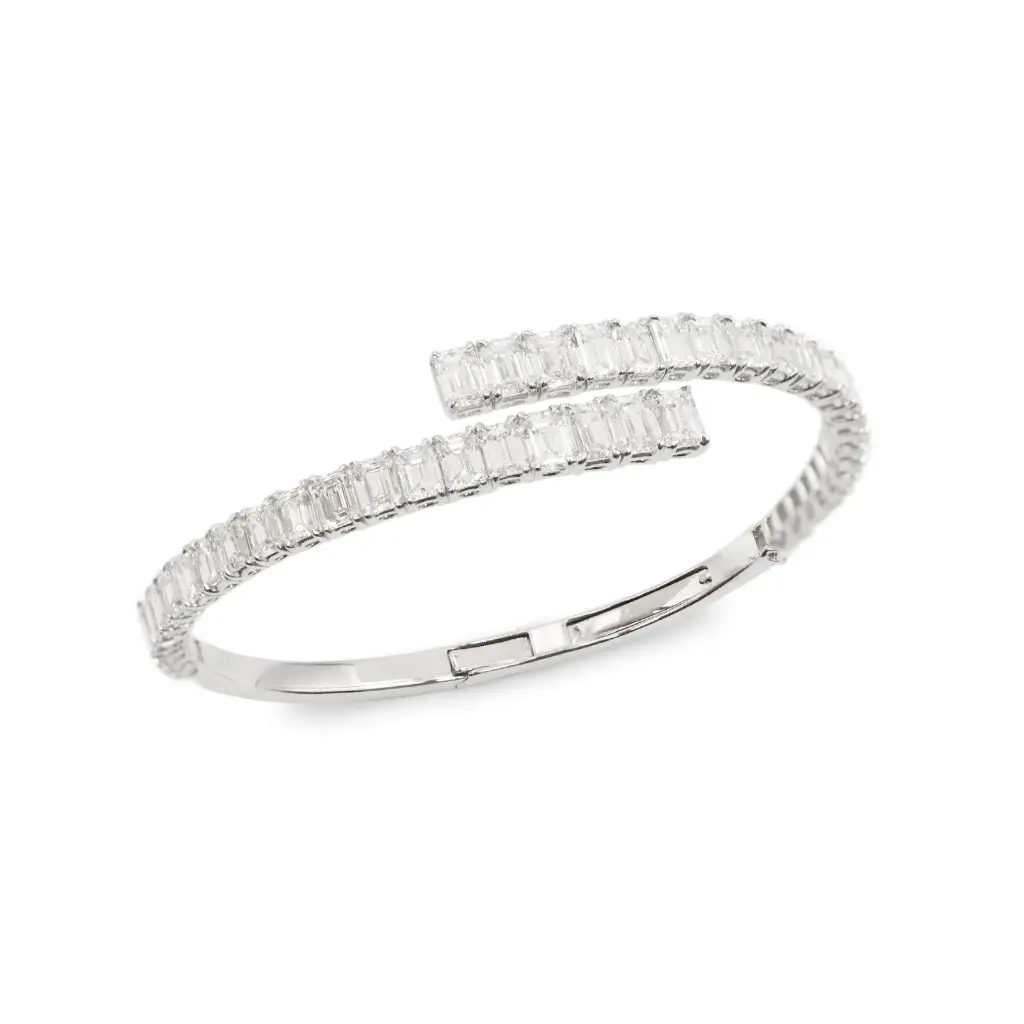 White Gold Diamond Emerald Cut Crosover Bangle