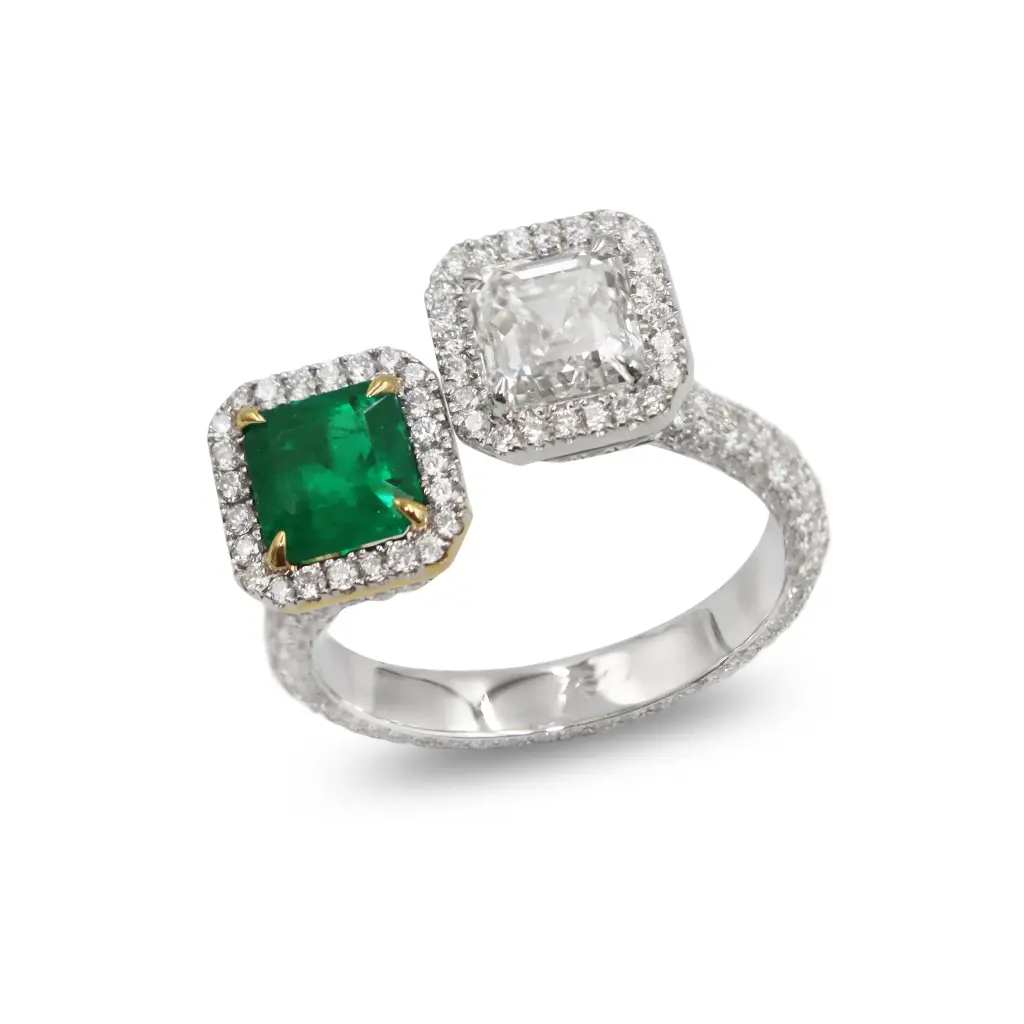 White Diamond & Emerald Double Stone Ring