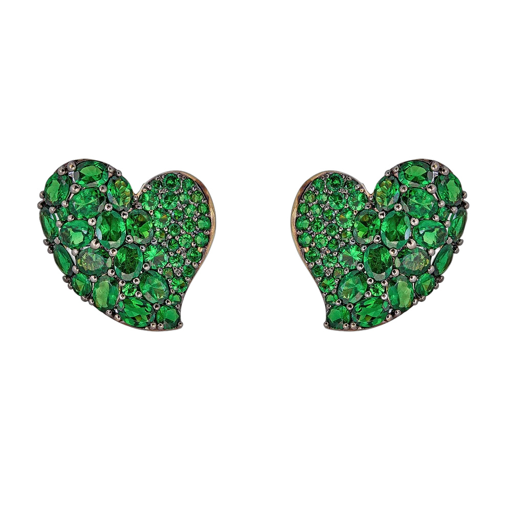 Yellow Gold Wave Heart Medium Earring - Tsavorite