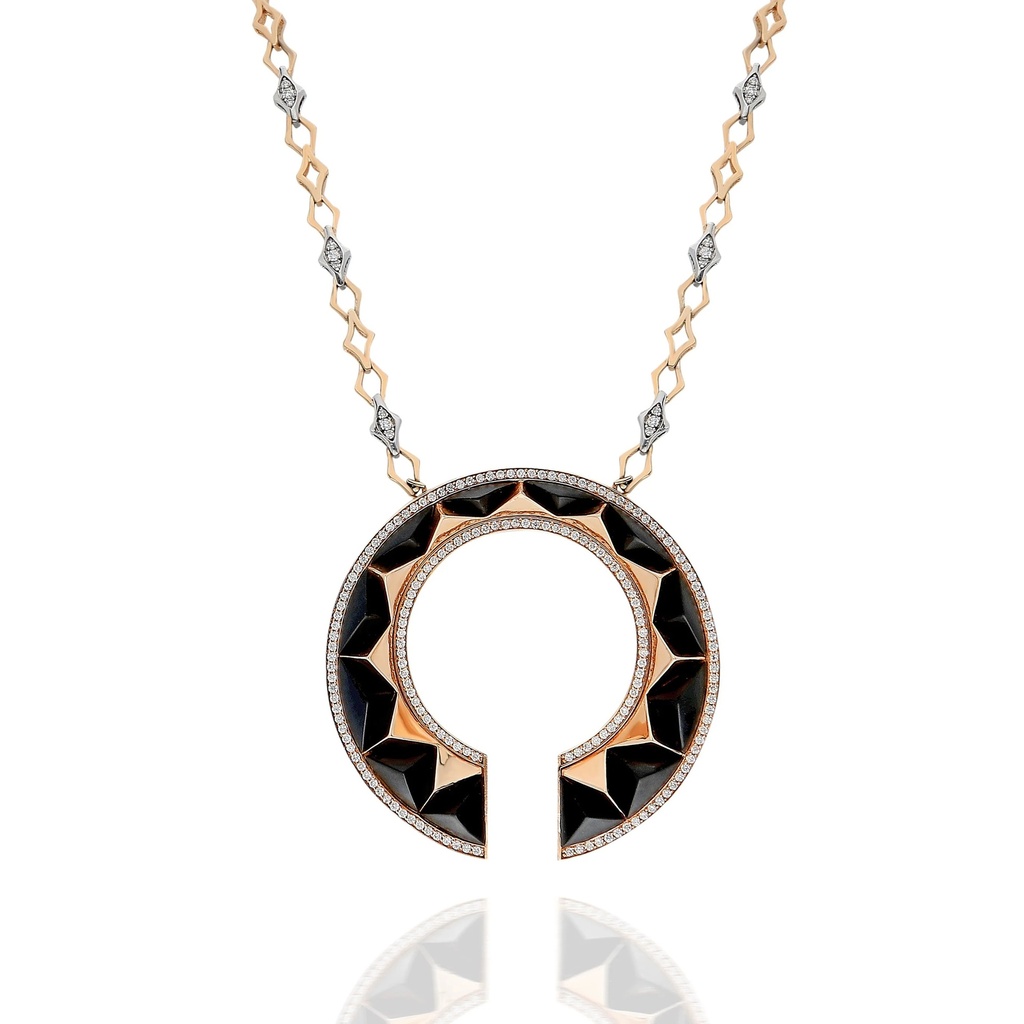 Rose Gold Accra Medallion with Black Onyx and Bolt Chain