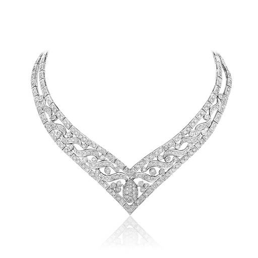 [N84] White Gold Art Deco Diamond Necklace