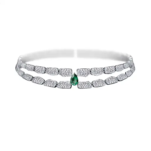 [CSK-O2R?FME2#212] Skin Double Row Full Pavé Diamond Emerald Choker