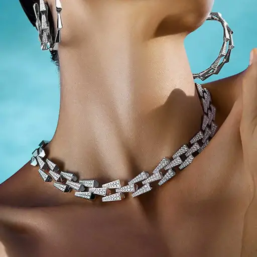 [CSP-N3R?F#216] Spike 3 Row Full Pavé Diamond Necklace
