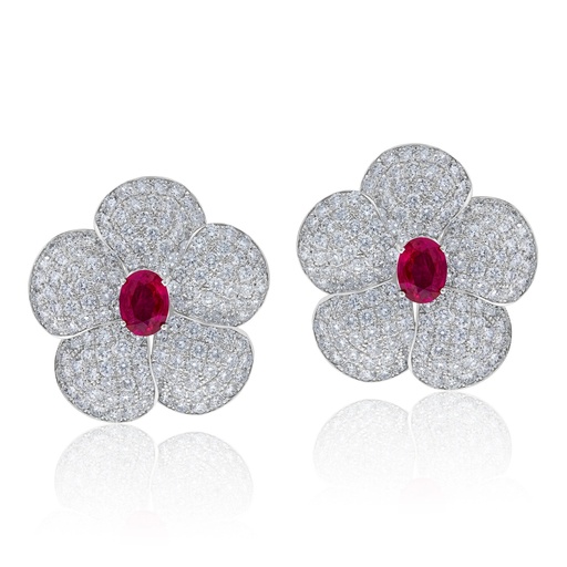 [E-CDZ354] White Gold Flora Diamond And Ruby Earrings