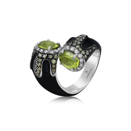 [R5647] White Gold Peridot Black Enamel Ring