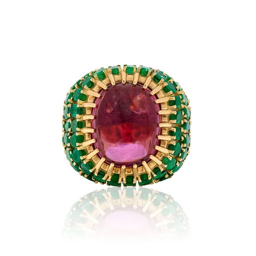 [R-CDZ464] Yellow Gold Elettra Rubellite And Emerald Ring